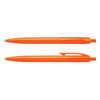 Two orange plastic pens are displayed side by side, featuring a smooth design and a clip on each.