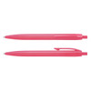 A set of two pink plastic pens featuring a sleek design and a clip, with a logo on one pen.