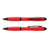 A red stylus pen with black accents, featuring a click mechanism and a smooth design. It includes a logo.