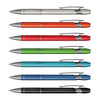 A display of metal pens in silver, red, green, blue, and black, featuring a logo and a sleek design.