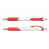 A plastic pen with a white barrel and red accents, featuring a grip and a clip. Includes a logo on the barrel.
