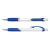 A plastic pen with a white barrel and blue accents, featuring a smooth grip and a metal clip.
