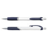 A plastic pen with a white barrel and navy blue details, featuring a smooth grip and a clip. It has a logo.