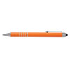 An orange stylus pen with silver accents and a black tip, featuring a clip and rings on the barrel.