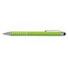 A green stylus pen with silver accents and a clip, featuring a black tip for touchscreens.