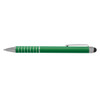 A green stylus pen with silver accents and a rubber tip for touchscreens, featuring a branding logo.