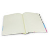 A large, open notebook with lined pages and colourful side tabs, featuring a simple design and a logo.
