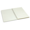 A medium-sized notebook featuring lined pages and a spiral binding, presented in a pale colour.