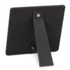 A black display stand with a textured surface and a foldable support arm at the back. It features a small logo.