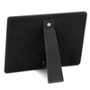 A black, textured display stand with a rear support strap for stability. It features a circular hole at the top.