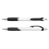 A set of plastic pens with coloured barrels and black grips, featuring silver accents and a logo.