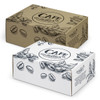Two die cut boxes with locking lids in brown and white, featuring coffee bean illustrations and logos.