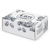 A white die cut box with a locking lid featuring illustrated coffee beans and leaves. It has a logo on the side.