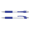 A plastic pen with a white barrel, blue grip, and a blue clip, featuring a logo on the barrel.