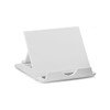 A white phone stand with an adjustable angle and a slot for phone placement. It features a simple design and a logo.