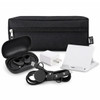 A black zippered pouch containing wireless earbuds, a charger, a phone stand, and a charging cable.