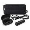 A black tech pack featuring a charging case with earbuds, a power bank, and a USB cable, all in a zippered pouch.