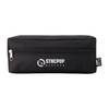 A black tech pack with a zippered compartment, featuring a logo on the front and a rectangular shape.