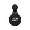 A black circular car phone holder with a textured strap and a branding logo.