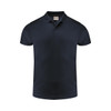 A navy blue men's polo shirt with a collar and short sleeves, featuring a branding logo.