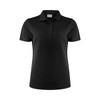 A black women's polo shirt featuring a classic collar and button placket. It has a branded logo.