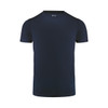 A navy blue men's active tee with a round neckline and short sleeves, featuring a logo on the inside neckline.