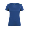 A women's active t-shirt in a vibrant blue colour, featuring a round neckline and short sleeves. It has a logo.