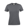 A grey women's t-shirt with short sleeves, featuring a brand logo on the label.