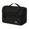A black lunch bag with a zippered compartment and a carry handle, featuring a logo on the front.