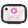 A glass lunch box with a black lid, featuring a pink logo and a clear container.