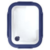 A glass lunch box with a navy blue lid and transparent container, featuring a small round vent.