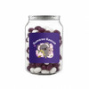 A clear jar filled with purple and white jelly beans, featuring a logo on the front.