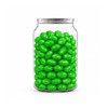 A clear jar filled with bright green jelly beans, showcasing a glossy finish and round shape.