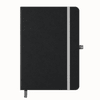 A black A5 notebook with a grey elastic band and ribbon bookmark, featuring a subtle logo on the cover.