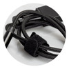 A braided charging cable in black, featuring a velcro tie for organisation and a connector at the end.