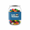A clear jar filled with assorted jelly beans in various colours, featuring a label with a logo.