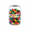 A clear jar filled with assorted jelly beans in various vibrant colours, featuring a logo on the front.