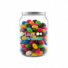 A clear can filled with assorted jelly beans in various colours, featuring a logo on the front.