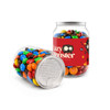 A clear canister filled with colourful M&M's, featuring a playful design and a logo on the side.
