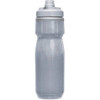 A drink bottle in a translucent grey design with a grey lid and a built-in spout. It features a logo.