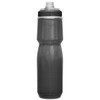 A drink bottle in a grey hue with a black cap, featuring a textured grip and a logo.