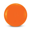 An orange frisbee with a smooth surface and slight ridges around the edge, featuring a logo.