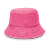 A pink bucket hat with a textured finish and a wide brim, featuring eyelets for ventilation.