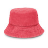 A pink bucket hat with a wide brim and textured fabric, featuring ventilation eyelets and a logo.