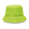 A bright lime green bucket hat with a textured finish and a wide brim, featuring a small logo.