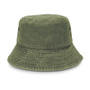 A green washed bucket hat with a wide brim and textured finish, featuring ventilation holes on the sides.