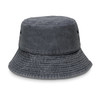 A grey bucket hat with a textured design and a circular brim, featuring ventilation holes and a logo.