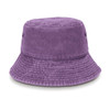 A purple bucket hat with a textured finish and a wide brim. Features ventilation eyelets and a logo.