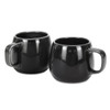 A set of two glossy black coffee mugs with rounded shapes and convenient handles.