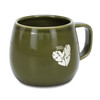 A green ceramic coffee mug with a rounded shape and a handle, featuring a simple heart design and a logo.